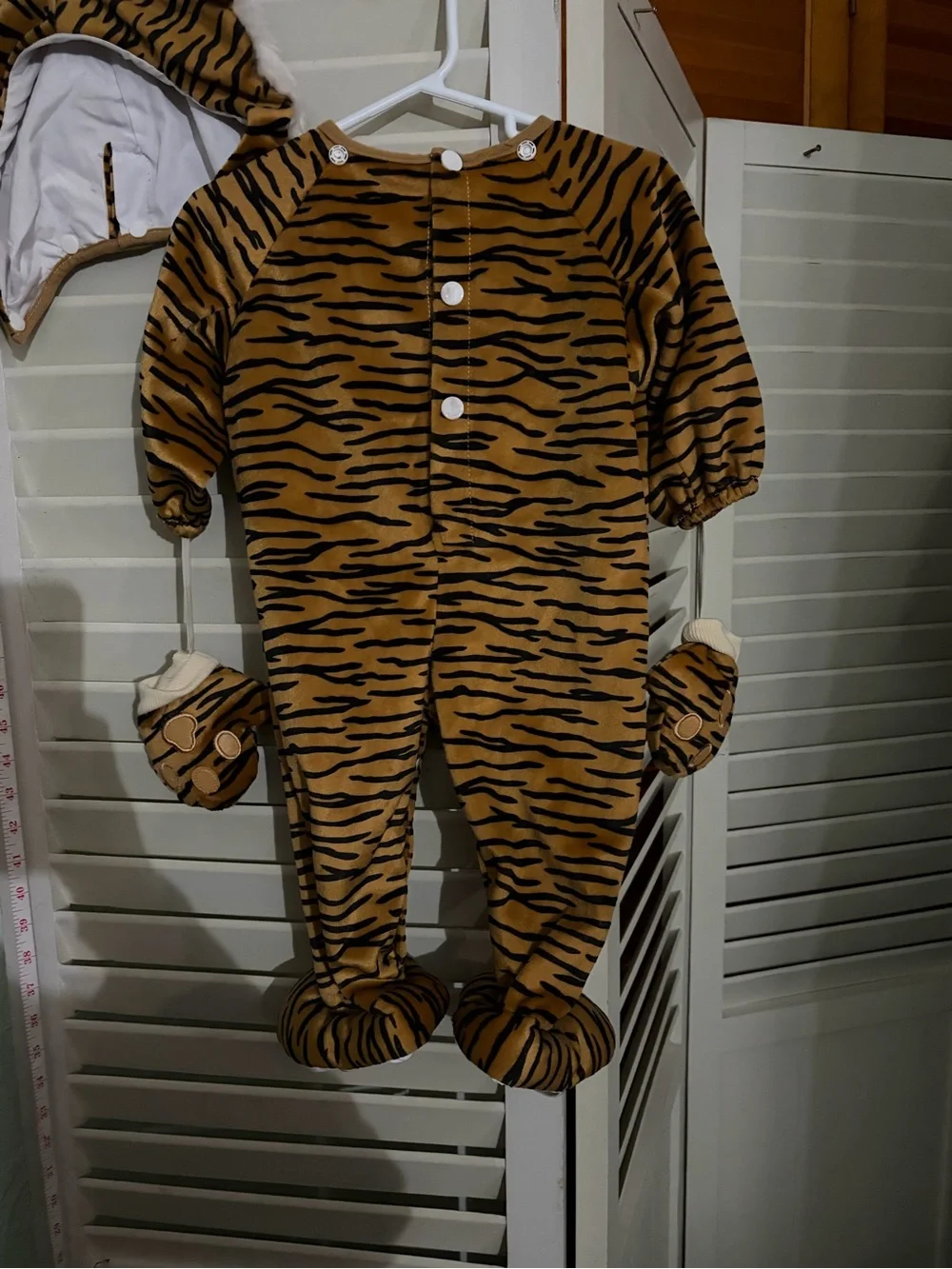 Tiger-Print Baby One-Piece Costume with Hood and Mittens - Brown